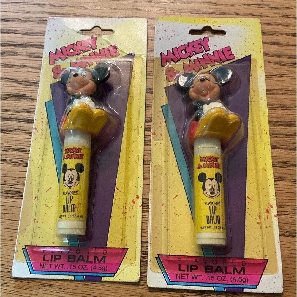 Vintage Disney Mickey & Minnie Mouse Lip Balm Set Cosrich Character Topper WD413